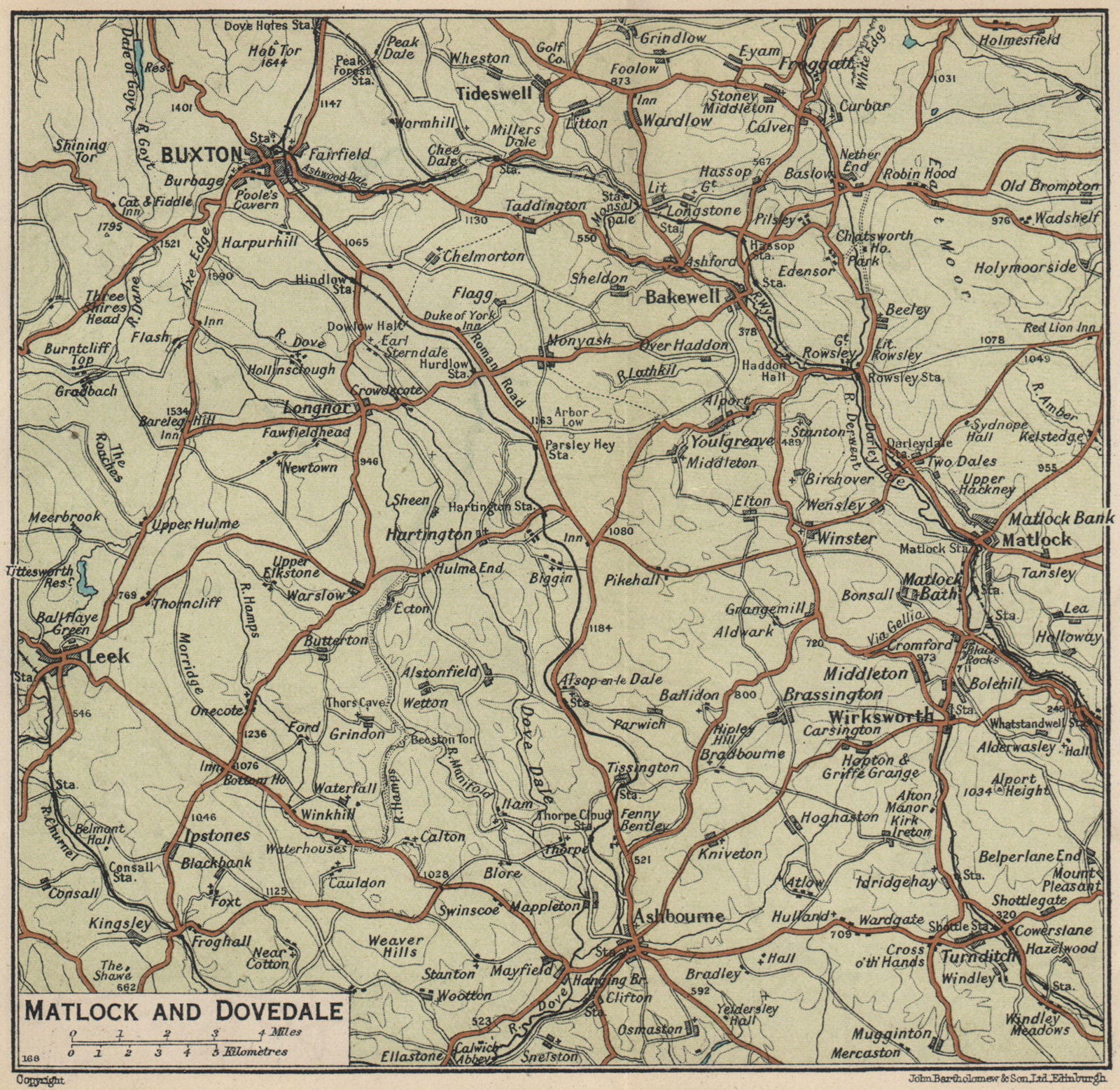 PEAK DISTRICT Matlock Dovedale Buxton Bakewell Ashbourne Derbyshire 1939 map